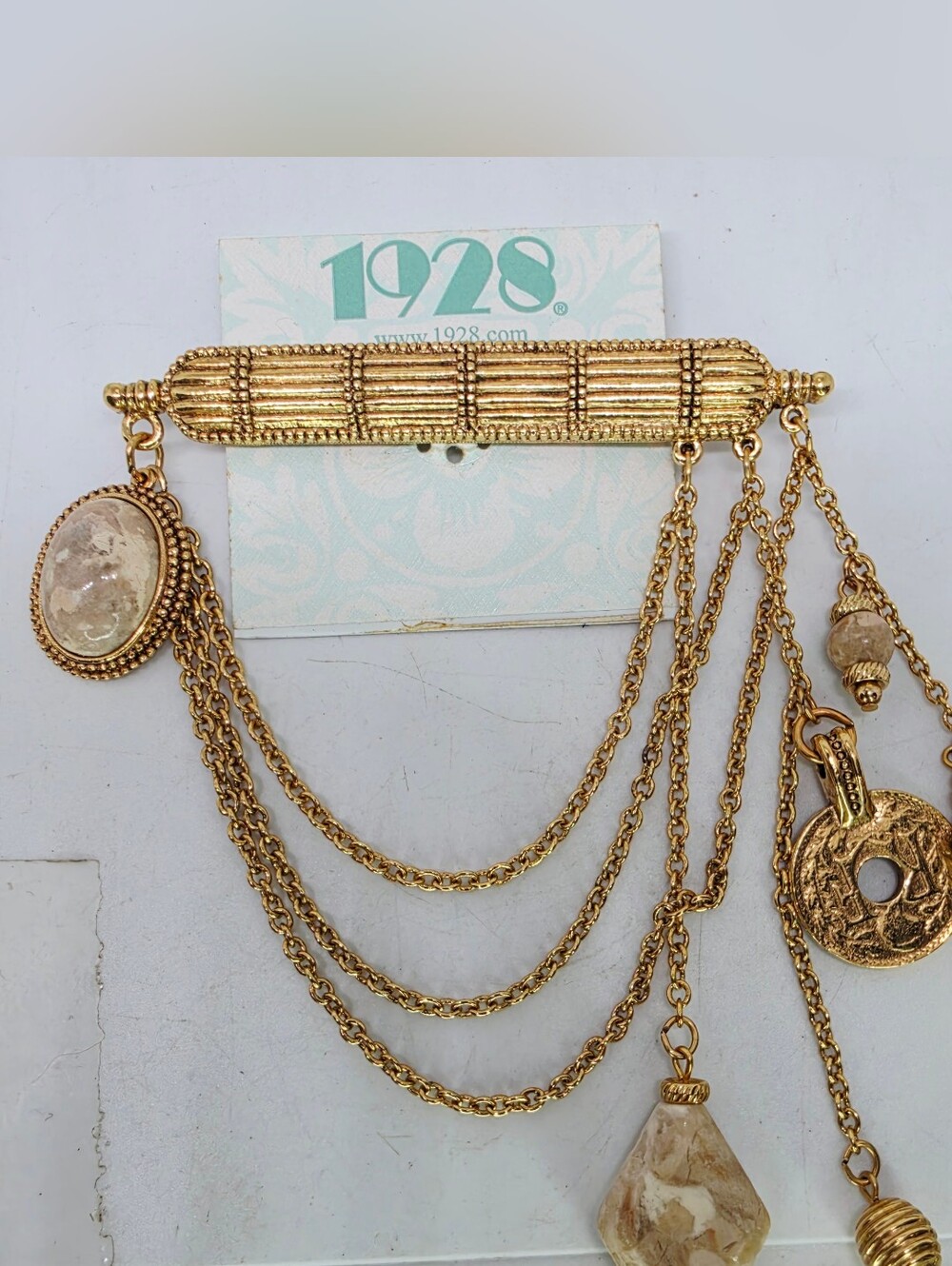 Vintage 1928 Victorian Revival Chatelaine Chain Coin Stone Charm Brooch New